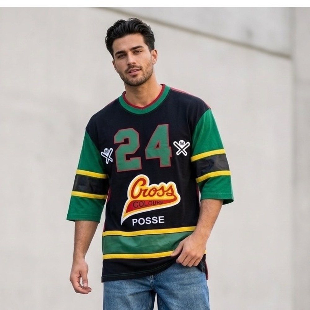Cross Colours Posse 24 Baseball Jersey T Shirt Size L Drake Style Colorblock EUC